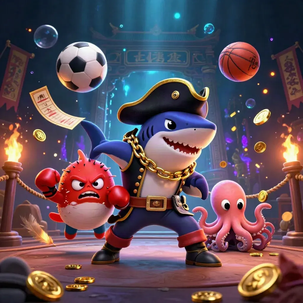 Pirate shark, pufferfish, and octopus amid flying coins, sports balls, and neon casino light.