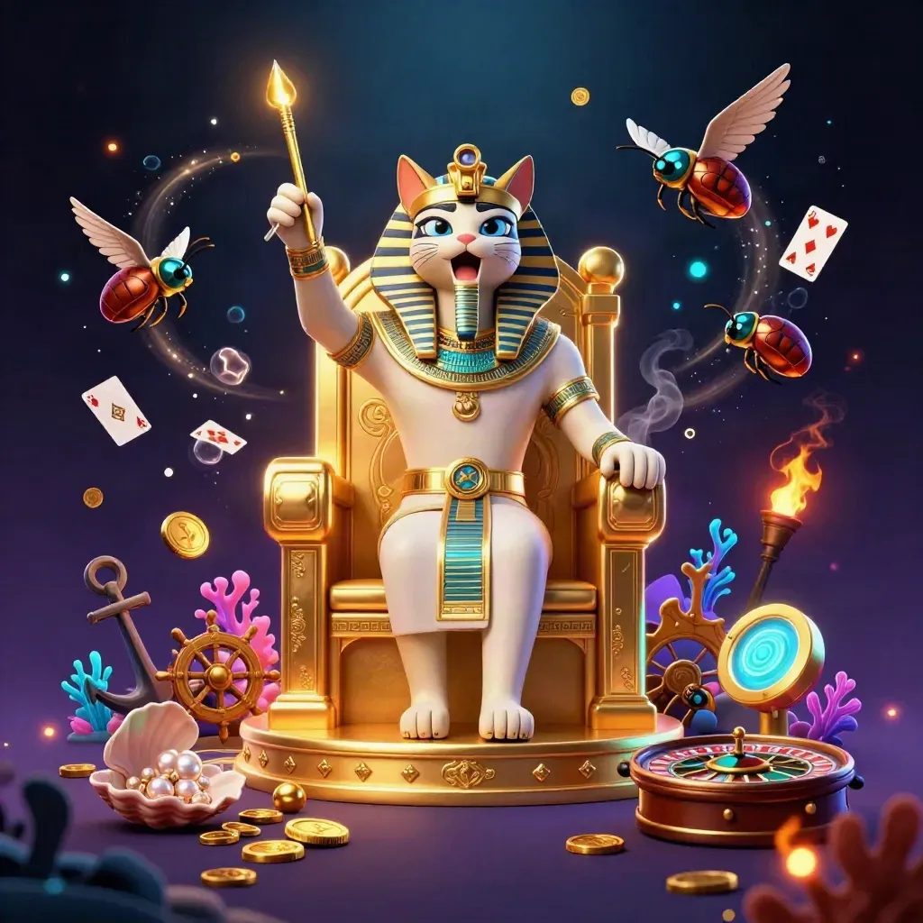 Pharaoh cat on a golden throne with an ibis scribe and gem-winged scarabs in a glowing treasure cove.