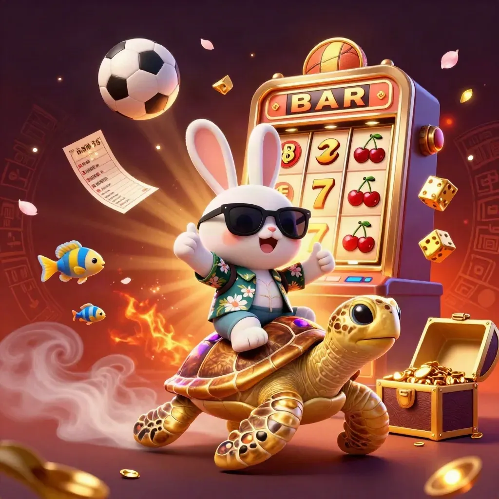 Lucky rabbit rides a jeweled sea turtle amid casino jackpots, balls, and ember-lit glow.