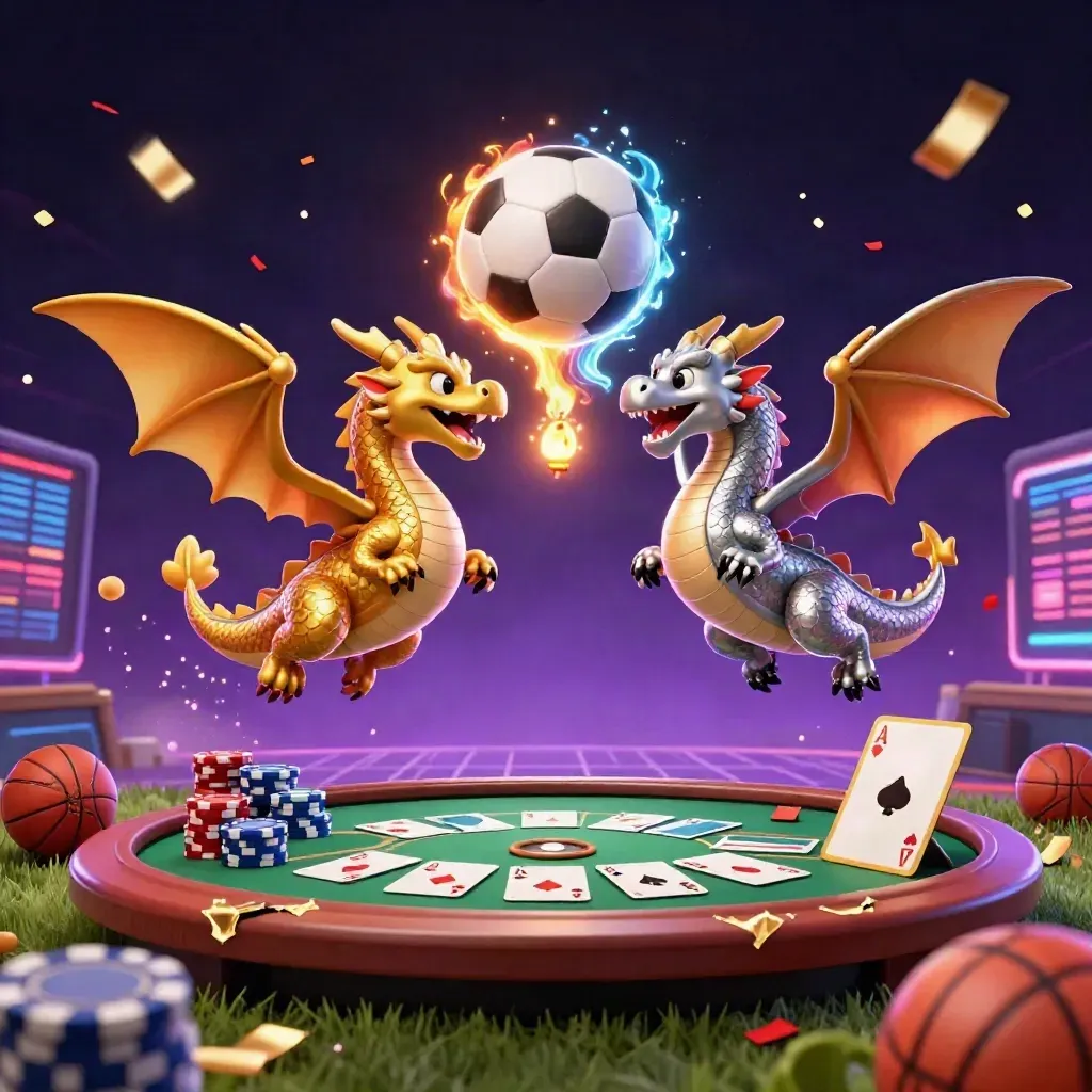 Gold and silver dragons amid casino cards, chips, and a soccer ball blast in neon light.