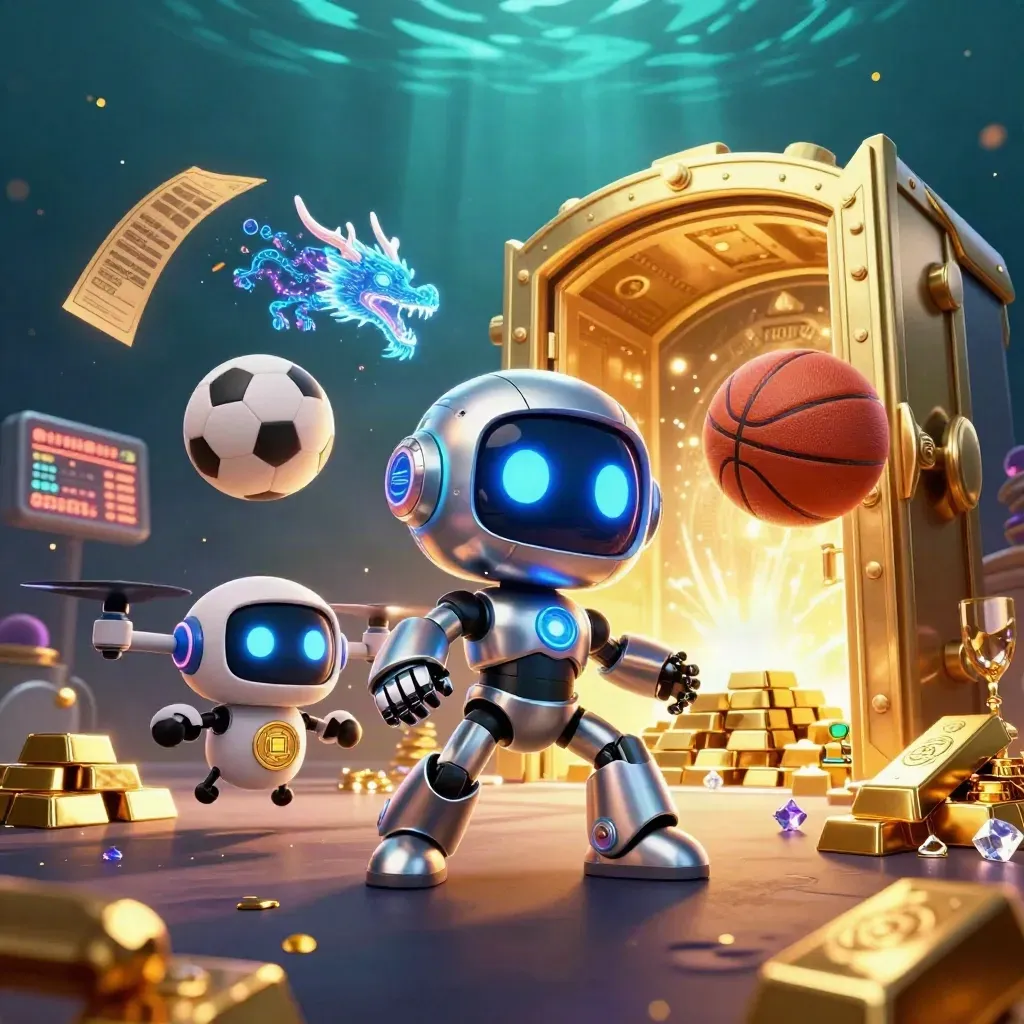 Cyberpunk robot, holographic dragon and coin drone burst from a gold vault over casino gems.