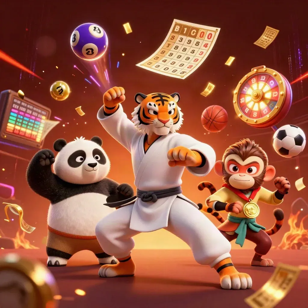 Kung-fu tiger, panda, and monkey amid casino bursts, neon sparks, and glowing prize elements.