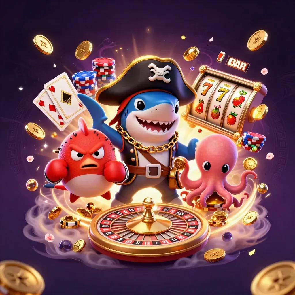 Pirate shark, boxing pufferfish, and coin-juggling octopus amid casino loot and purple-gold glow.
